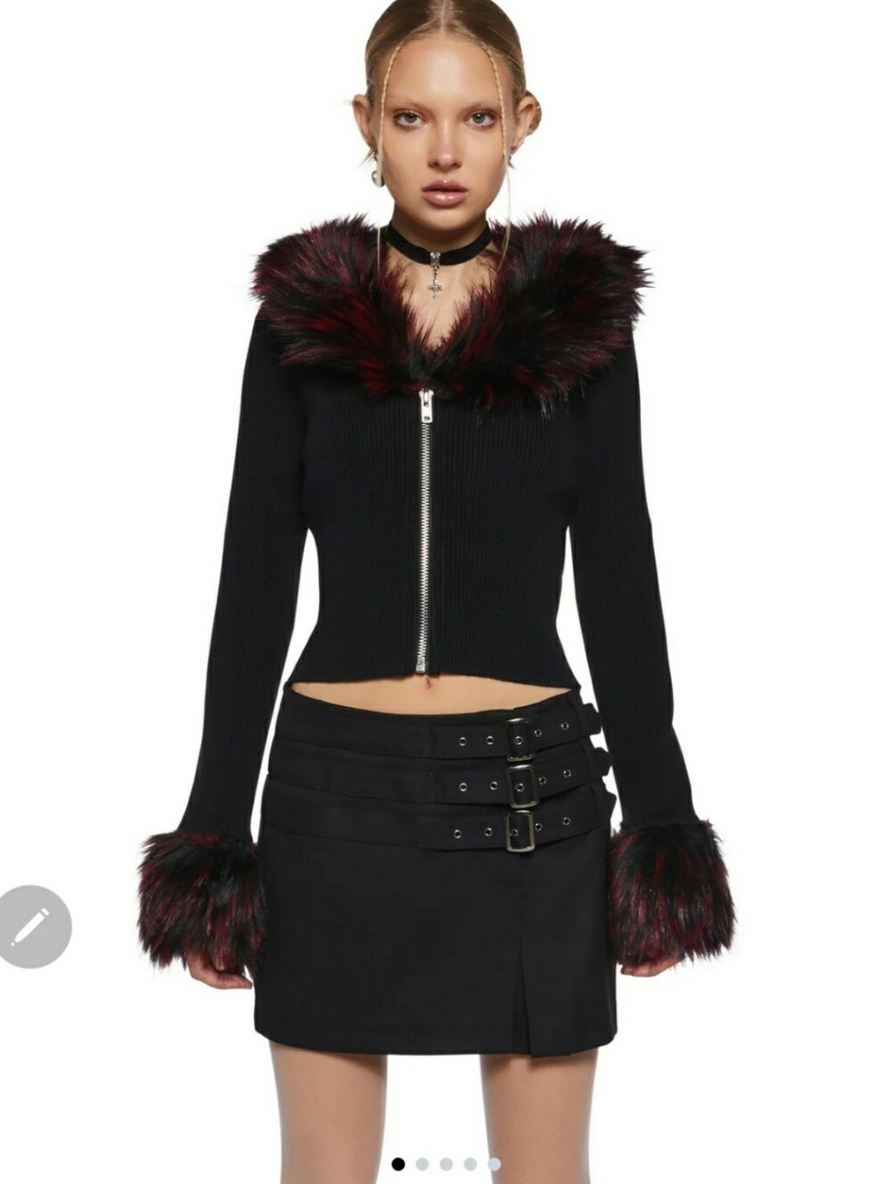 Current Mood Dolls Kill 1X black & shaggy faux-fur trimmed Zip Sweater Goth Punk